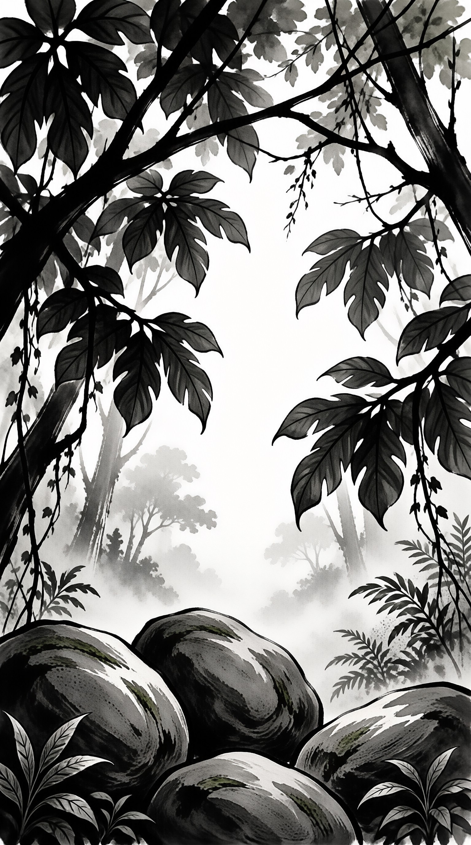 A grayscale ink wash scene displays large smooth rocks at the bottom framed by hanging leaves and a misty background.