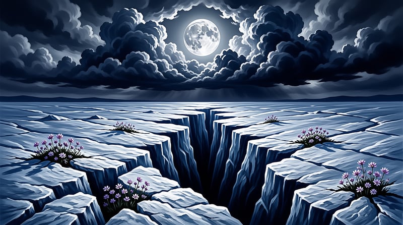 A painted seascape shows broken ice sheets split by deep crevices where small purple flowers grow under a glowing moon.