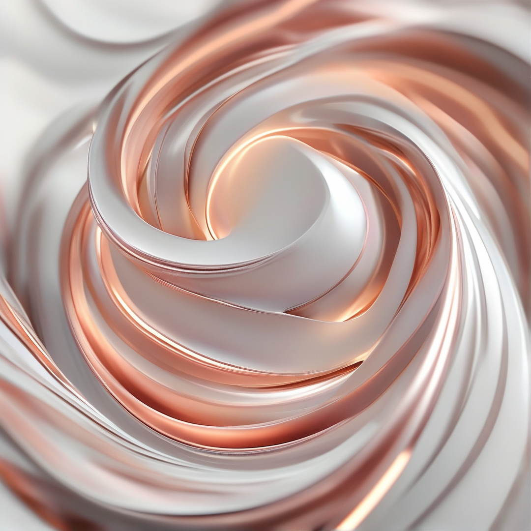 A close-up view of swirling rose gold and white liquid forms creating a smooth glossy spiral pattern.