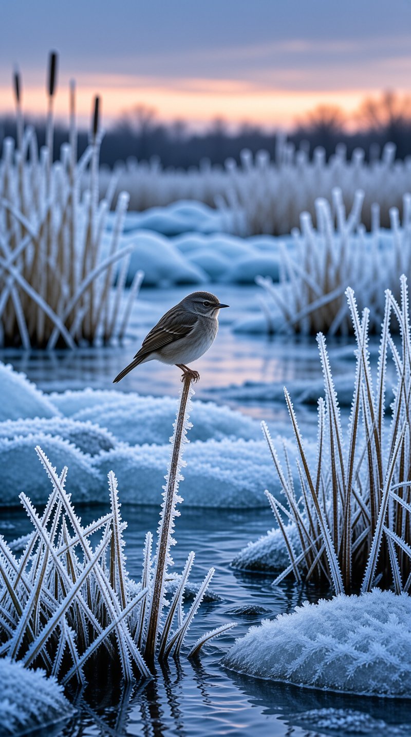 A small bird rests on a frosty reed amidst frozen waters during the blue hour of twilight.