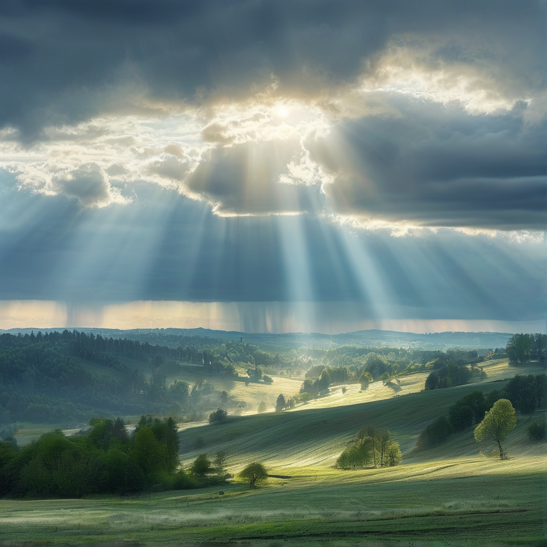 Sunlight streams through heavy clouds illuminating rolling green hills and scattered trees under a moody sky