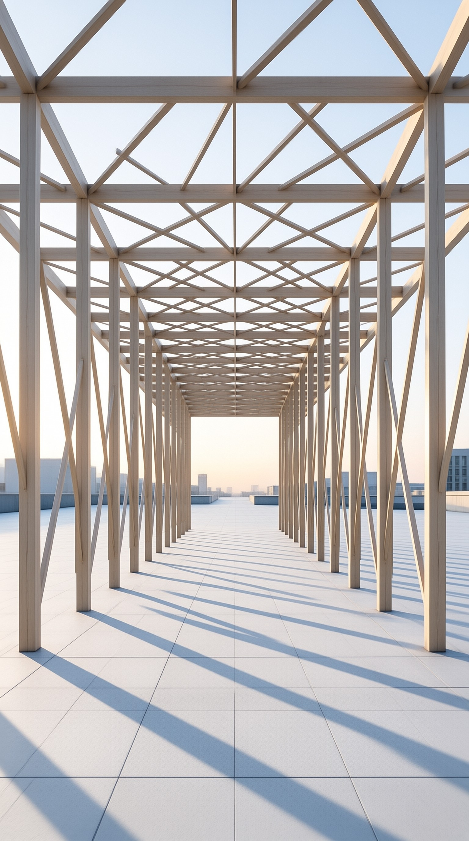 A wooden corridor with a geometric grid roof casts long diagonal lines on a white tiled floor in bright daylight.