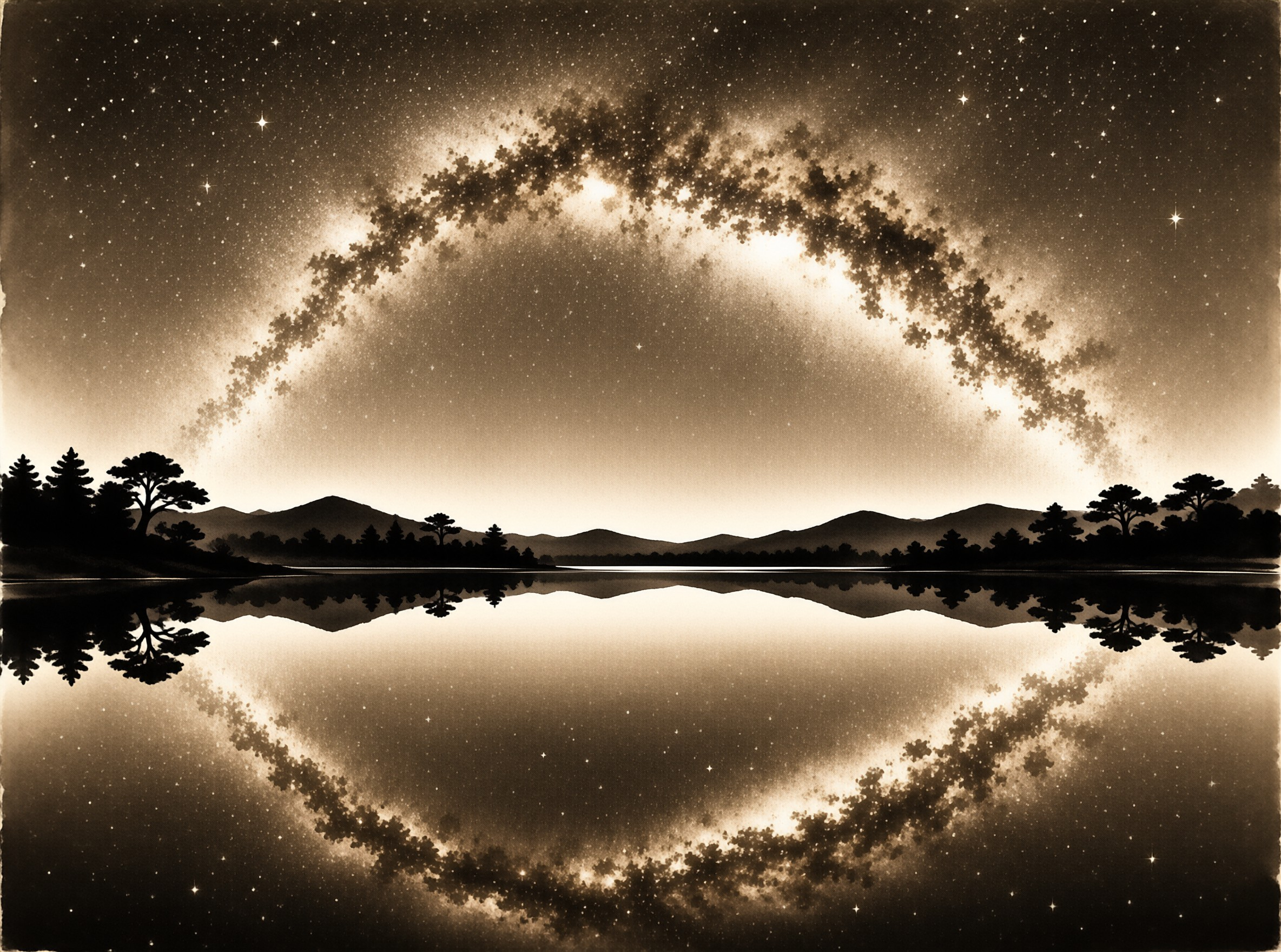 Sepia toned stars and galactic arc reflect perfectly in calm water beneath silhouetted forest trees and distant mountains.
