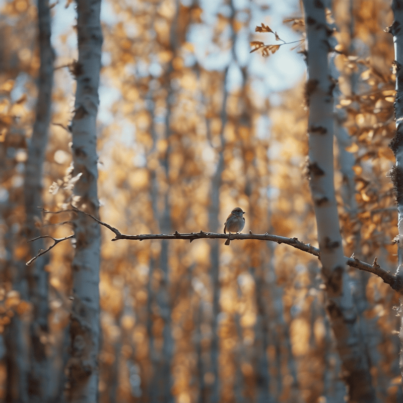 A tiny bird sits on a twig in front of a sunlit birch grove filled with warm golden autumn leaves and soft light.