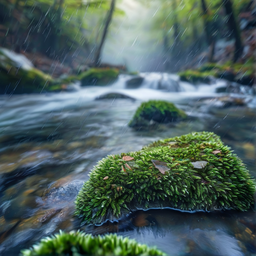 Mossy Rock in Rainy Stream