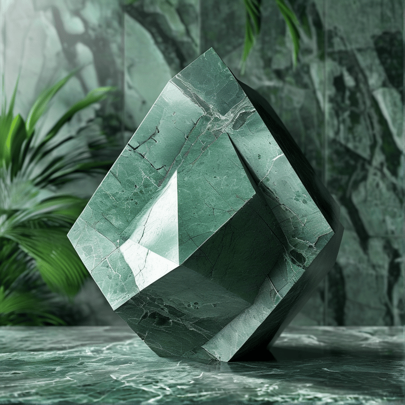 Polished green geometric stone sits on a marble table with white veins and blurred foliage in the background.