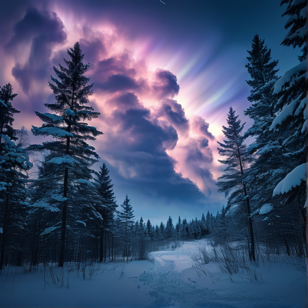Snowy Forest Under Purple Sky