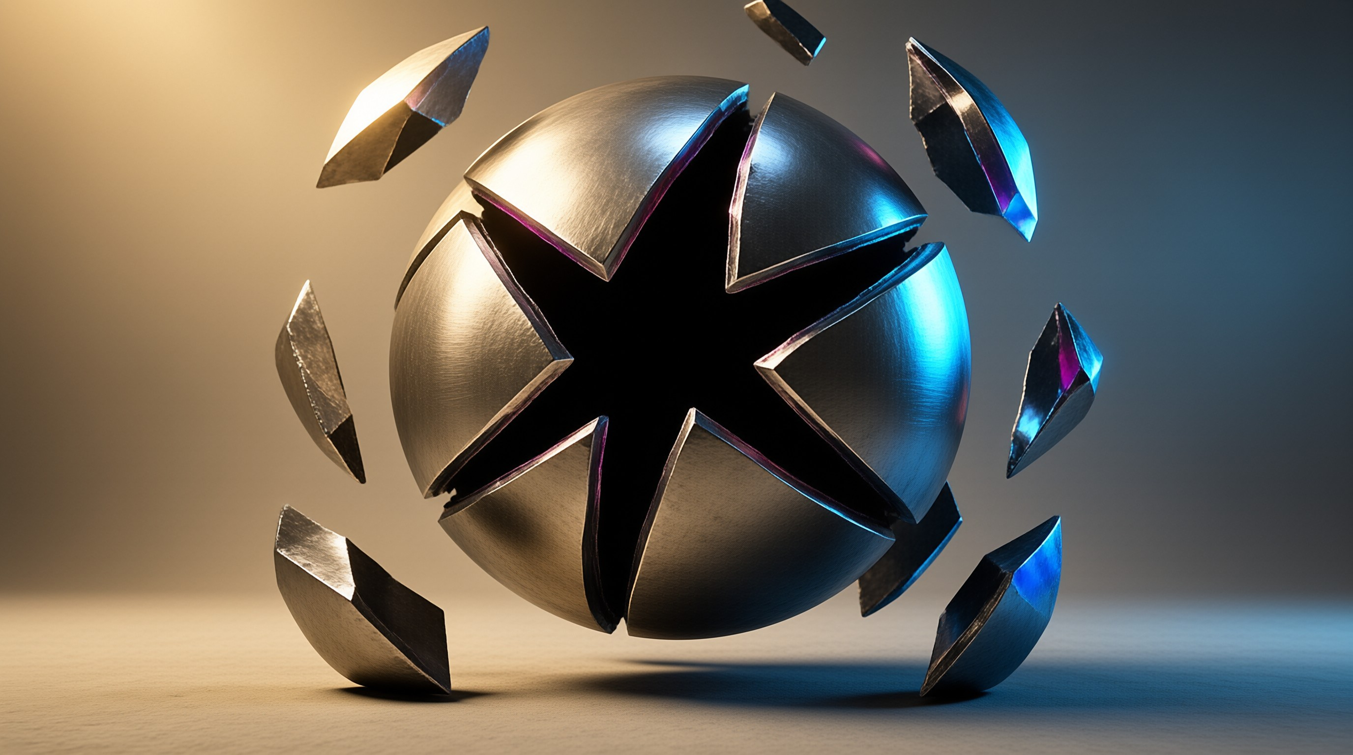 A cracked silver orb is suspended above a smooth surface, split by fragments as gold and blue light meet.