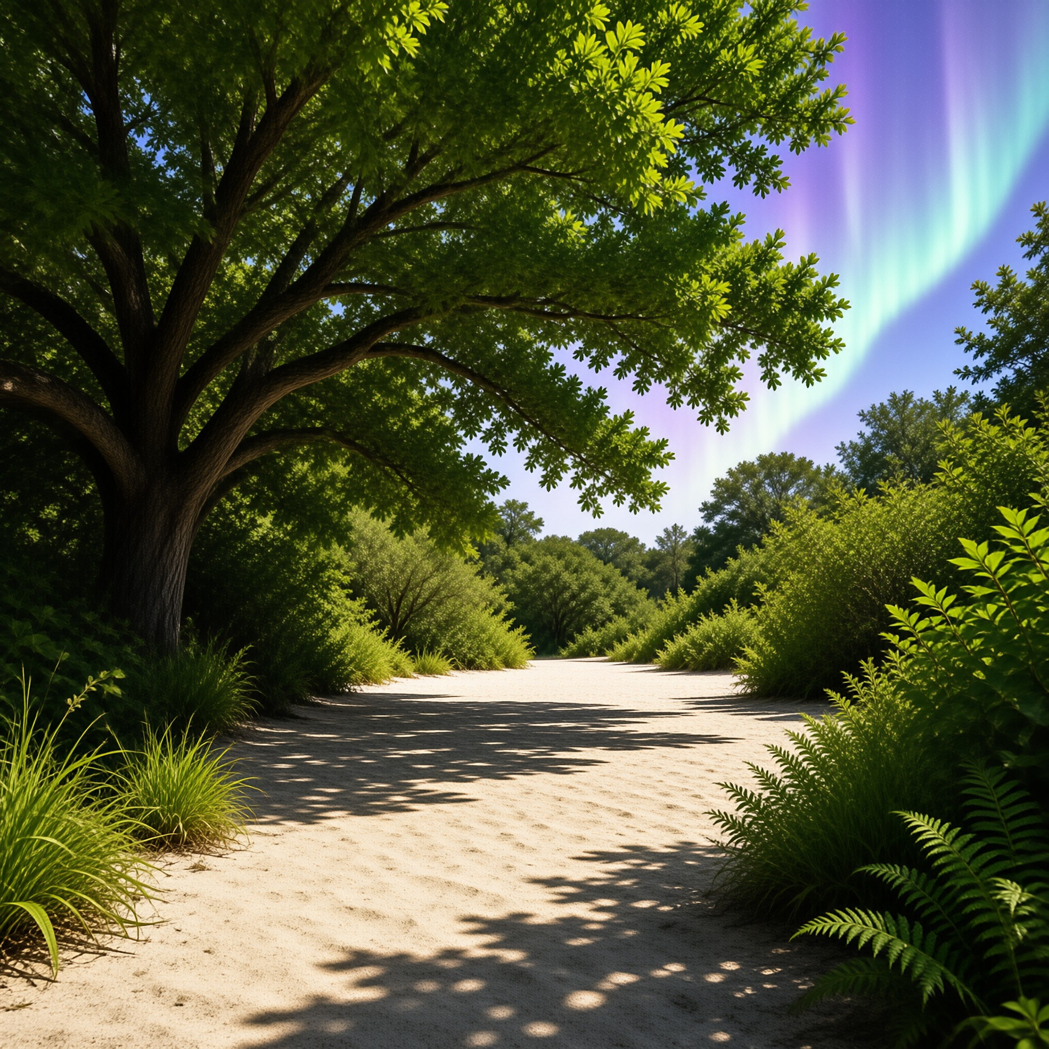 Forest Path with Aurora Sky