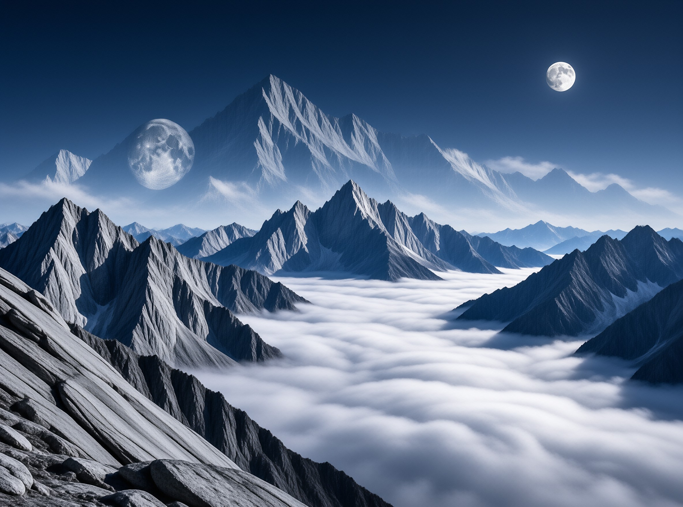 Jagged snow-covered summits break through a rolling sea of clouds under a deep blue sky with two pale moons