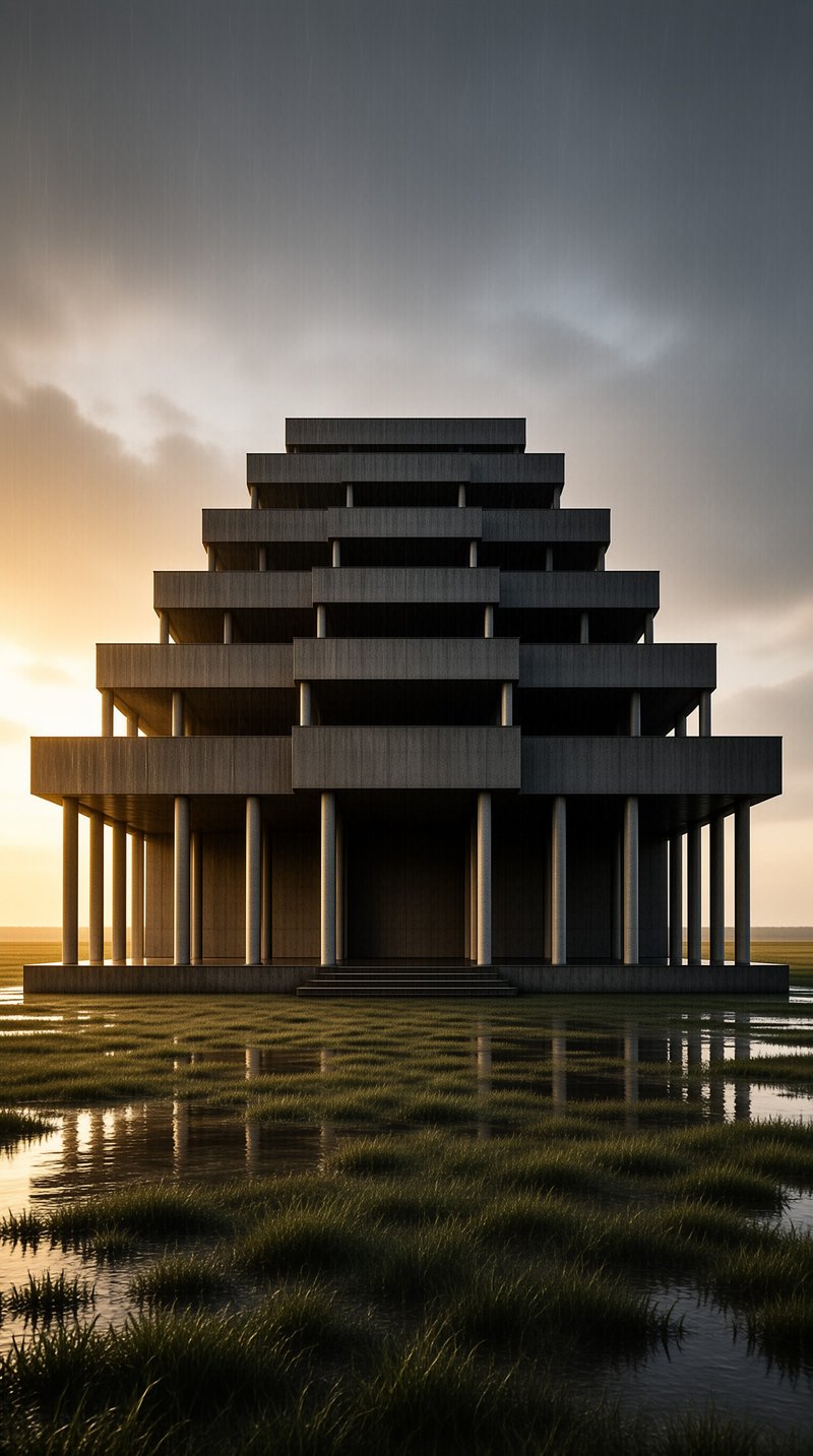A tiered stone edifice stands upon columns in a marshy landscape under a moody sky with golden light.