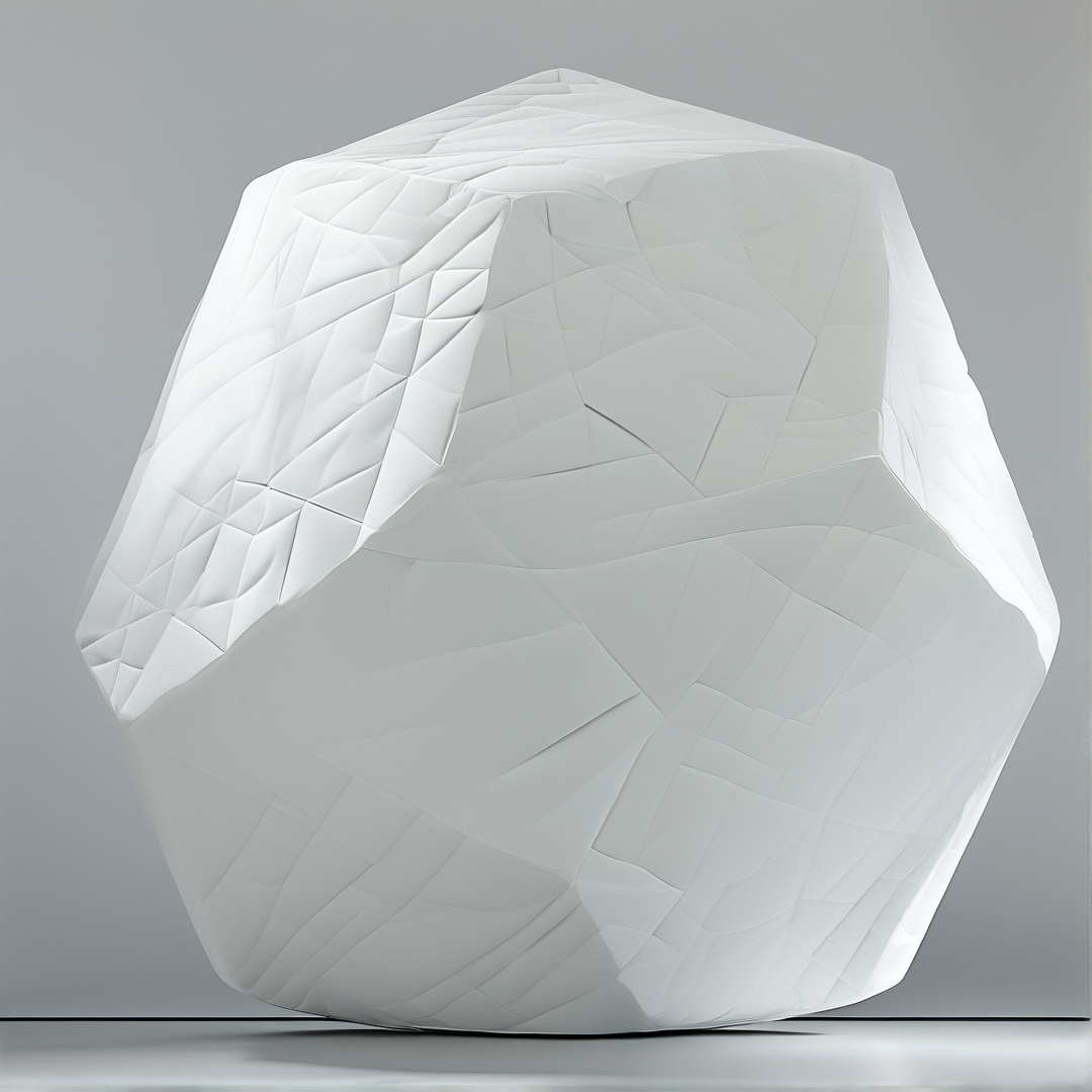 A white sculpted form with angular facets stands against a neutral grey background.