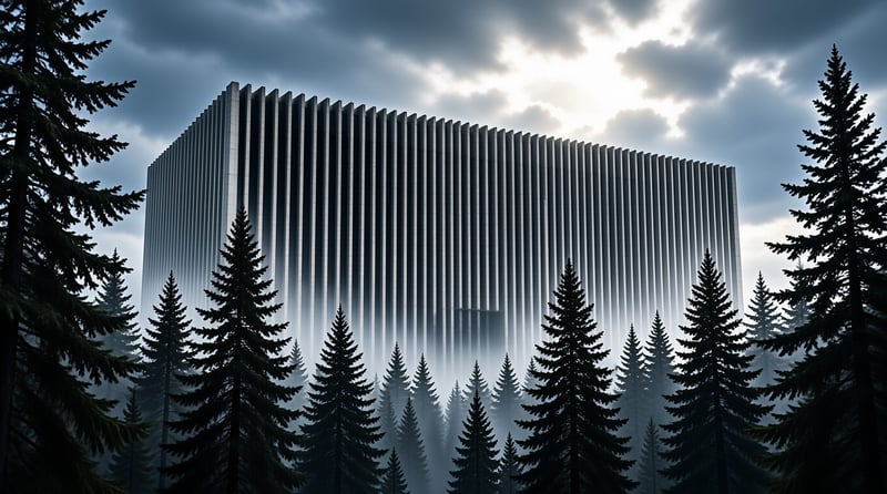 A massive grey fluted structure emerges from fog behind dark evergreen trees under a bright cloudy sky.