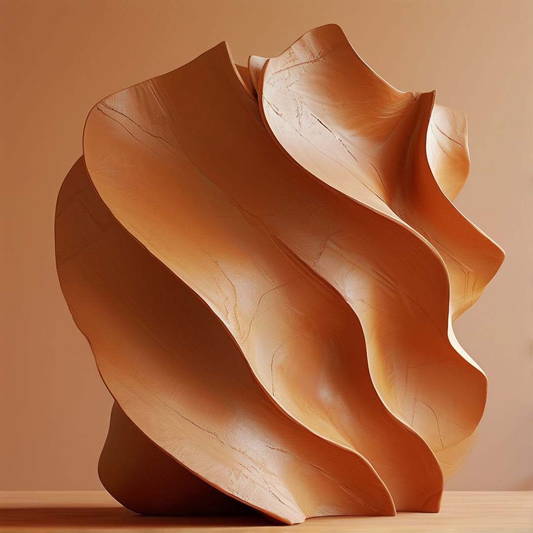 A large undulating clay piece sits on a smooth wooden surface bathed in warm orange light.