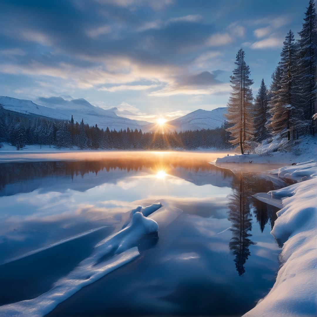 Snowy Lake Winter Sunrise