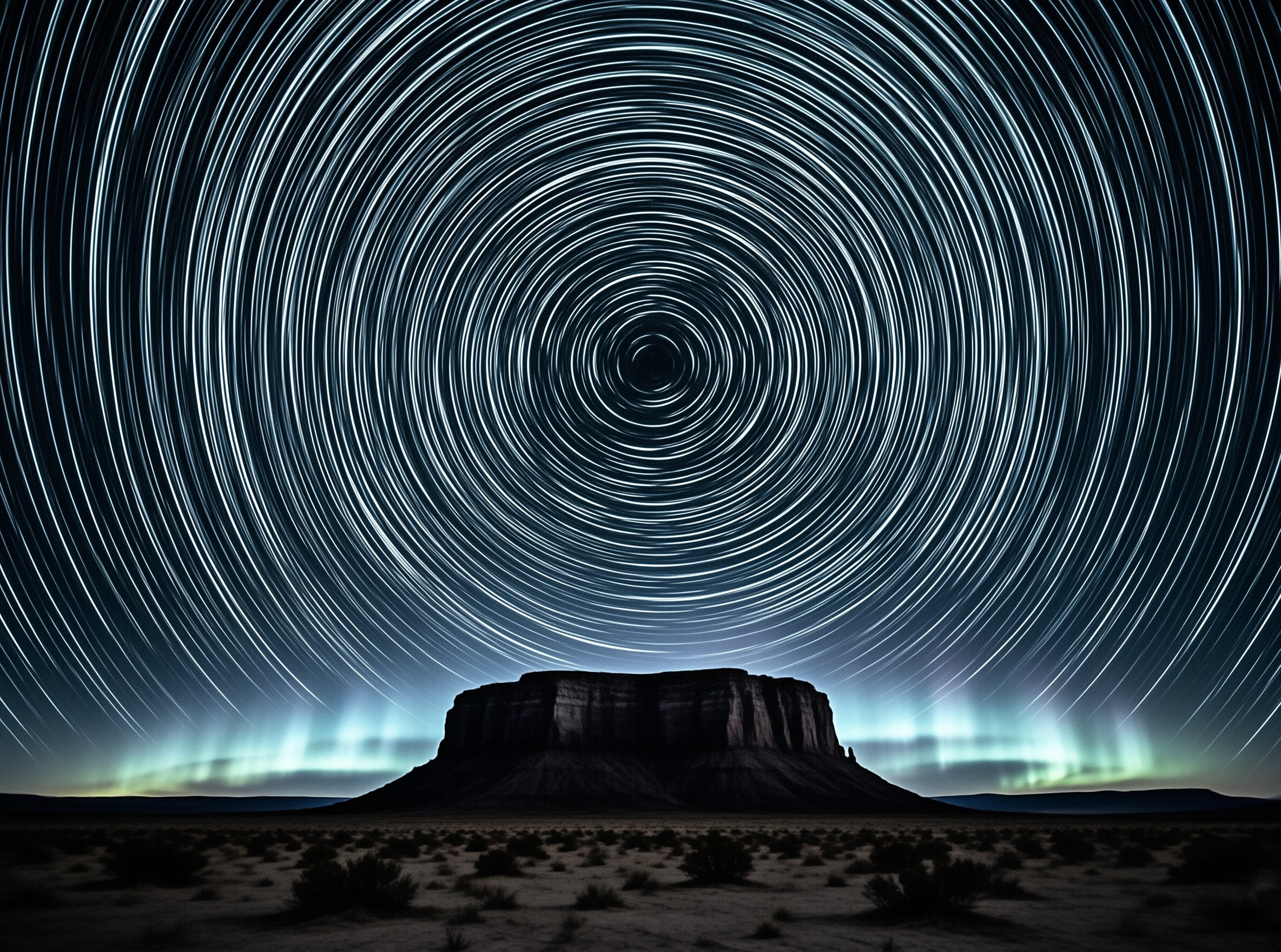 A vast desert landscape features a large rocky formation beneath a sky filled with concentric circles of light from moving stars and a faint green glow of aurora along the horizon.