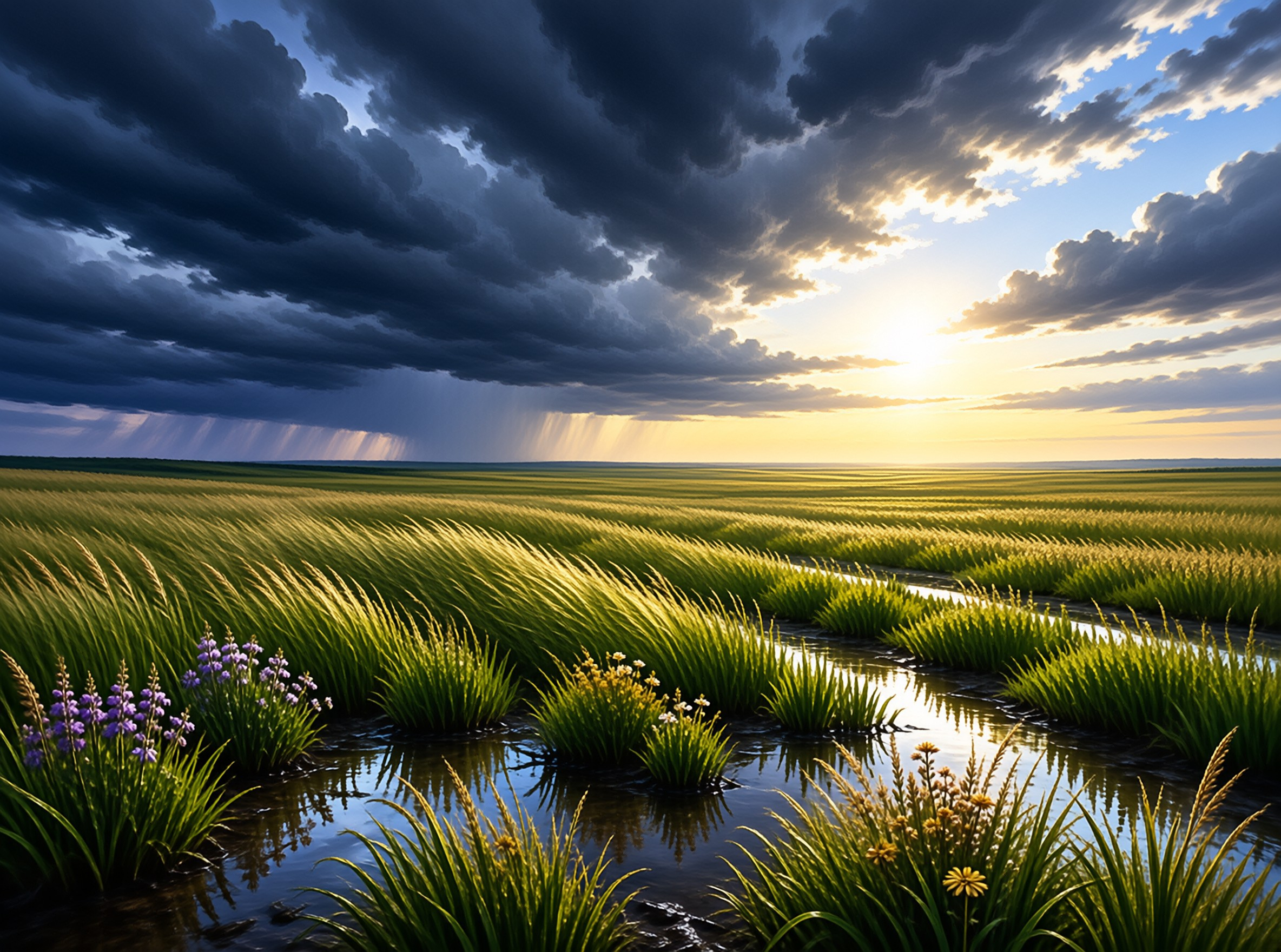A wide view of a green marsh with purple flowers in the foreground under a dramatic sky with dark clouds and sunbeams.