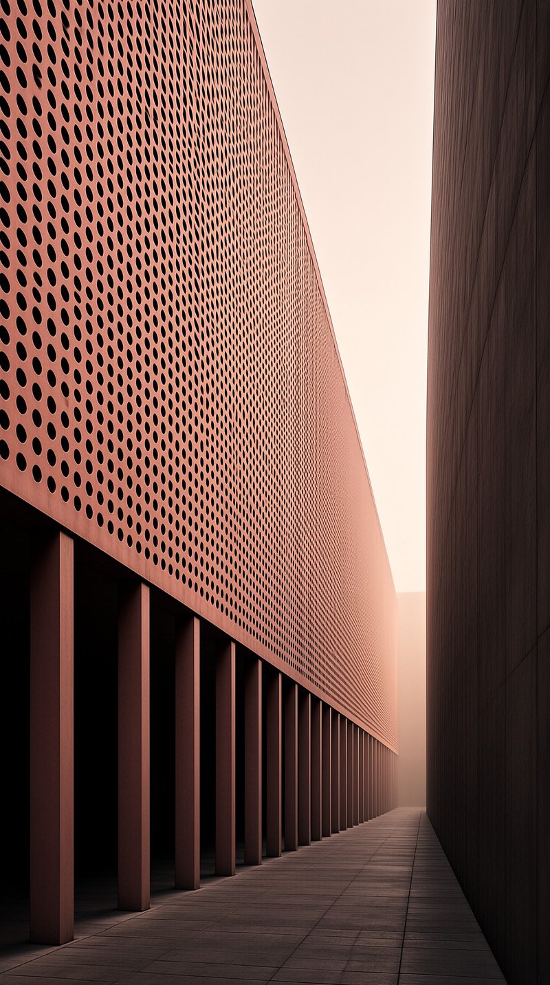 A slanted perforated wall rises above columns next to a dark wall in a paved walkway bathed in hazy light.
