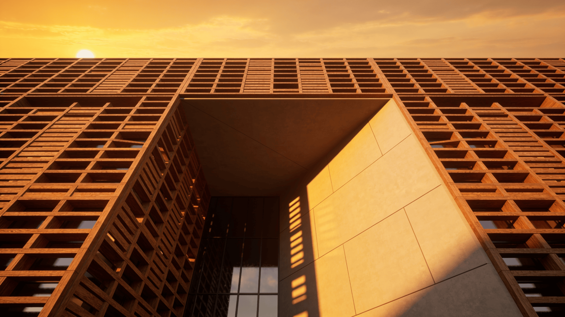 Museum with Wooden Lattice — Golden Sunset