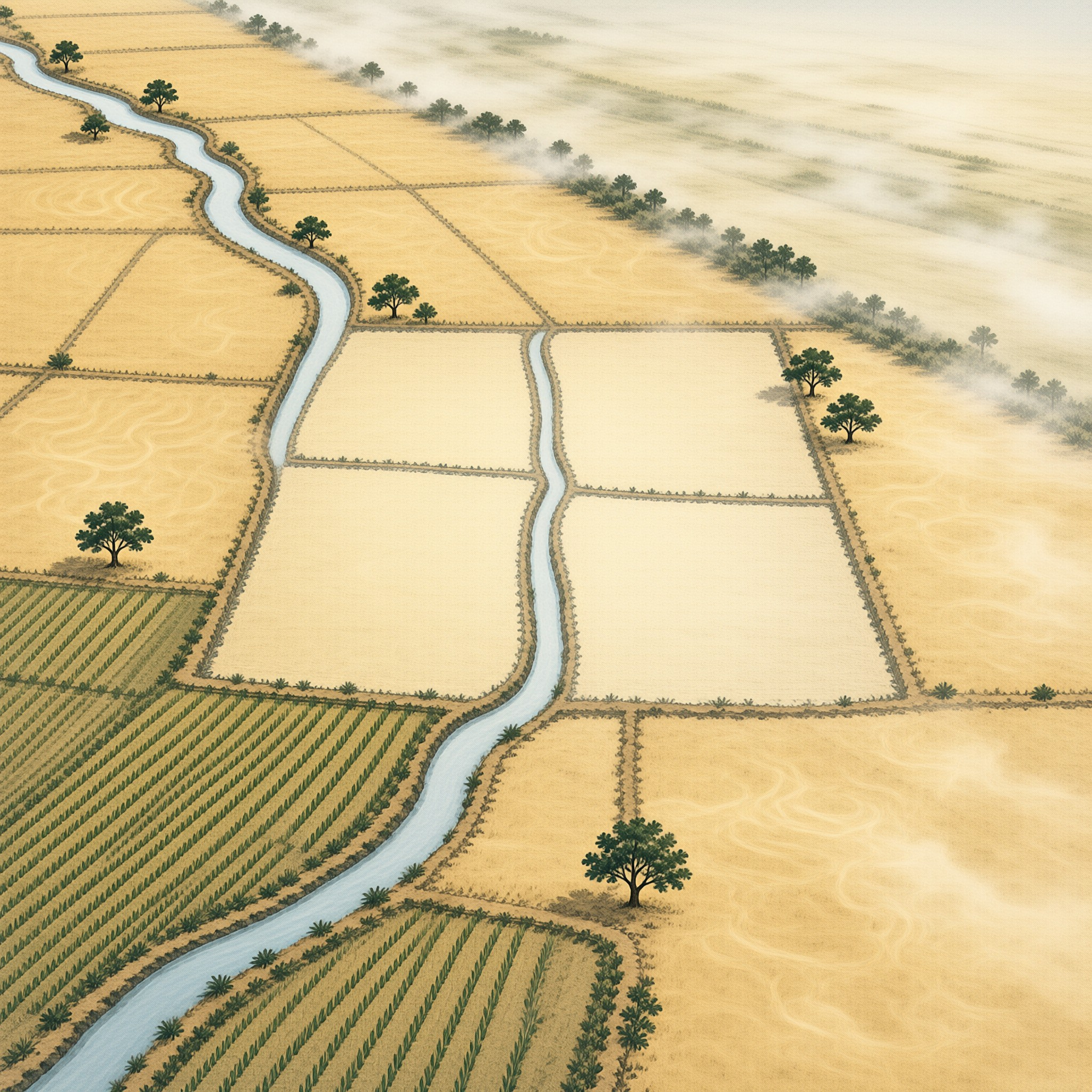Stylized illustration of patchwork farm fields separated by a winding blue river with fog covering the horizon.