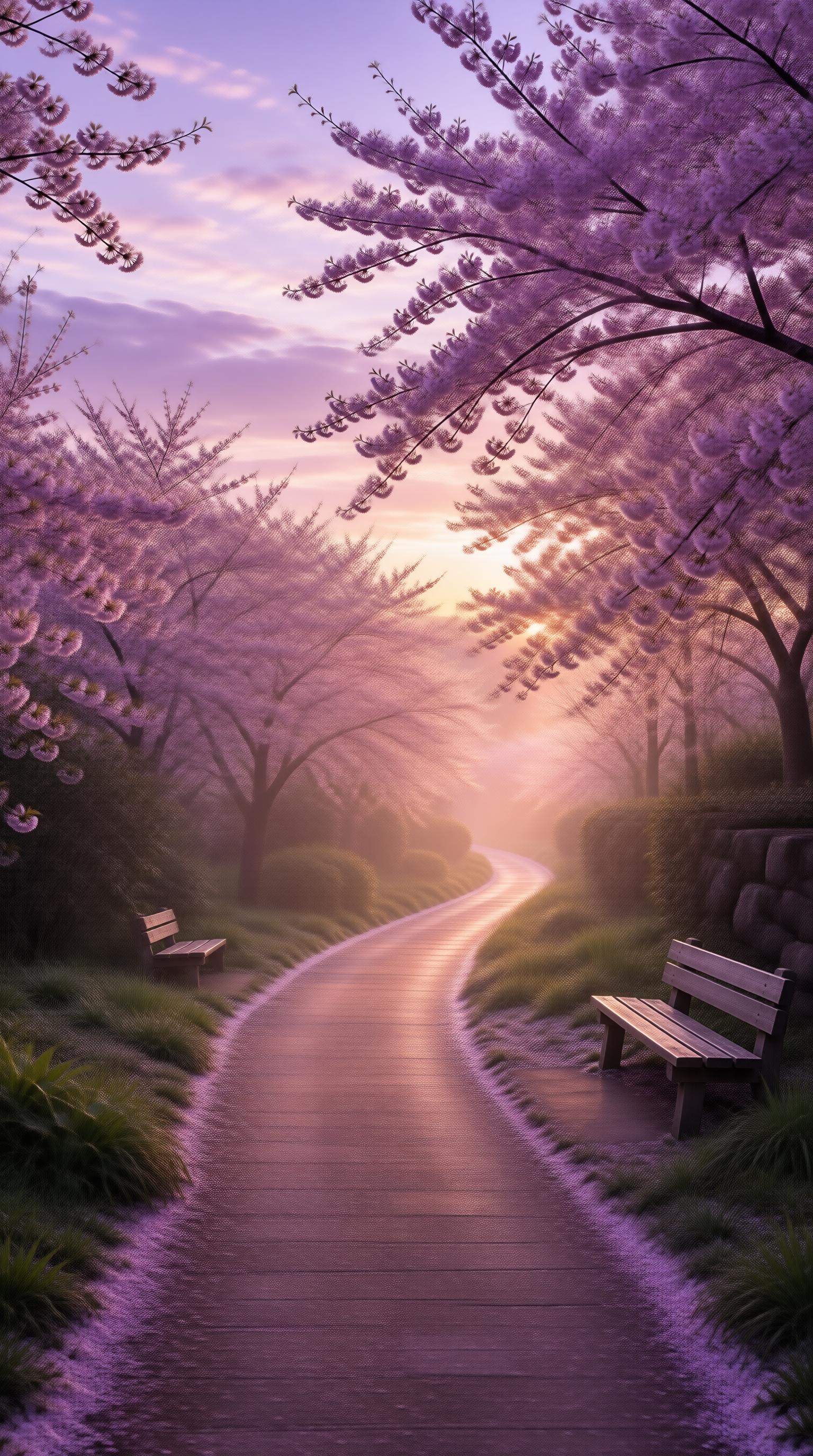 Cherry Blossom Path at Sunset