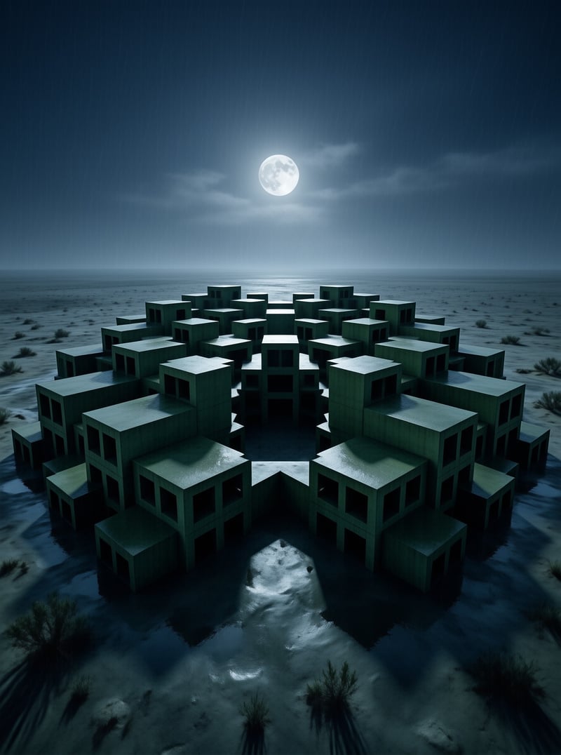 A circular cluster of small concrete cube houses sits on a moonlit desert salt flat beneath a bright full moon.