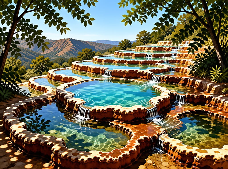 Turquoise water cascades down golden stepped pools framed by leafy branches with rolling hills in the background.
