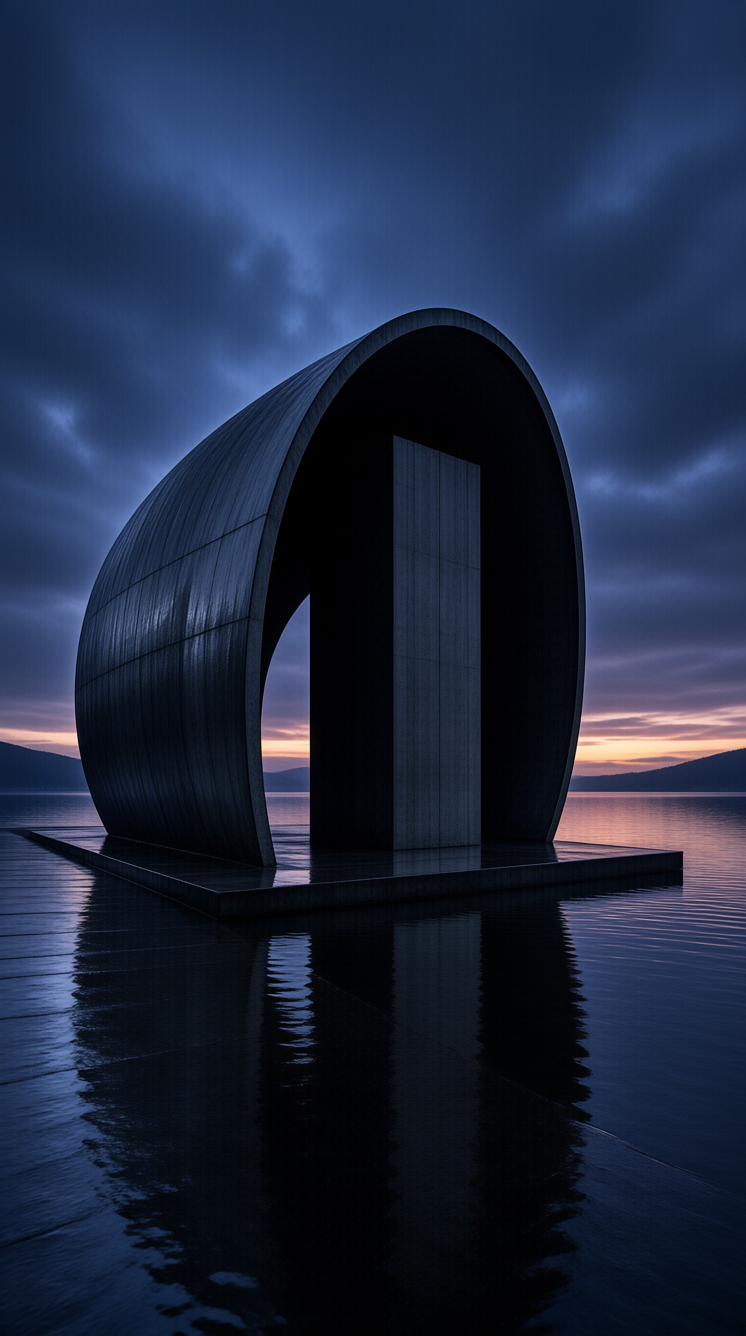 A massive dark concrete arch sits on a platform extending into a calm lake under a twilight sky.