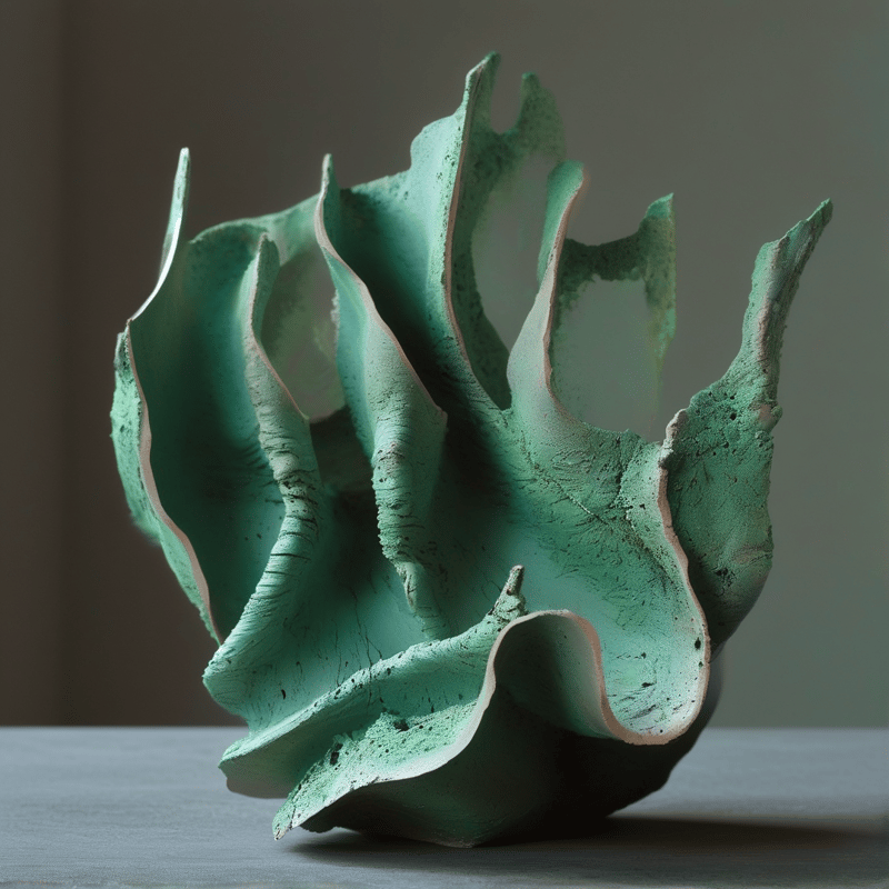 A sculptural green shell form with layered folds and pale edges rests on a plain surface under gentle studio lighting