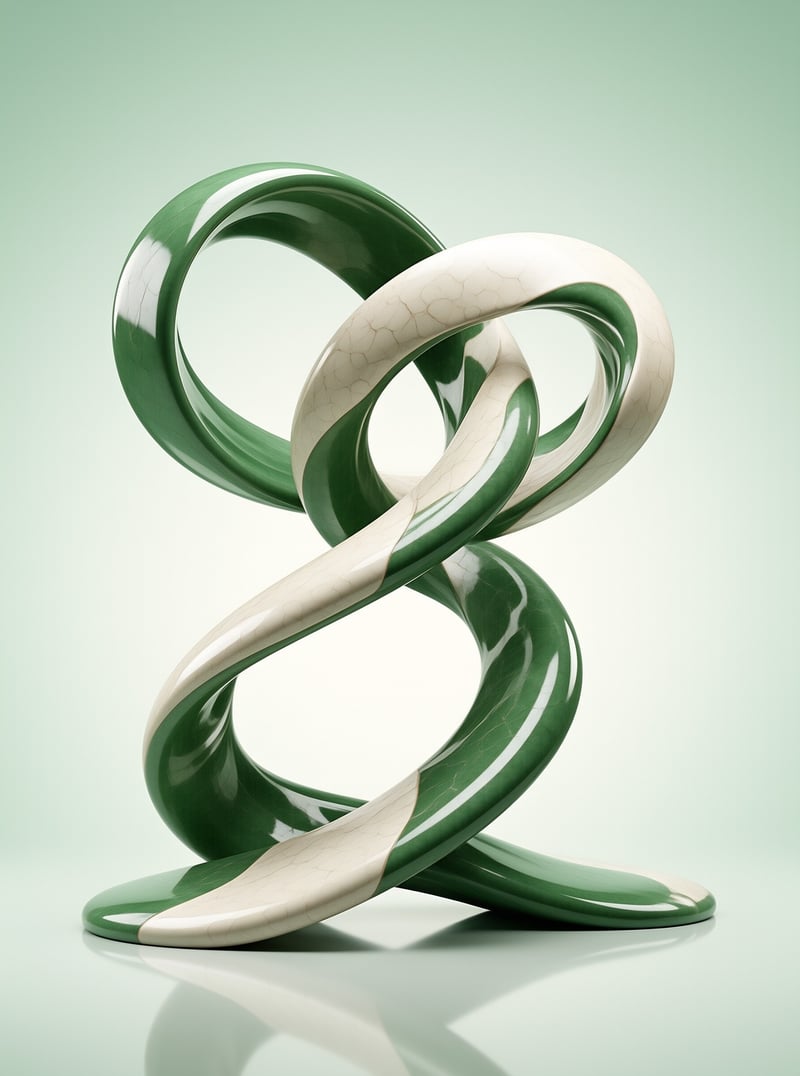 A glossy intertwined ceramic form in green and crackled cream loops into a knot on a pale mint backdrop.