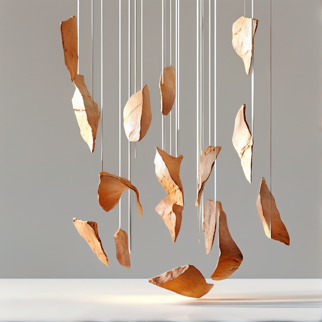 Irregular wooden pieces dangle from delicate white threads against a neutral gray wall.