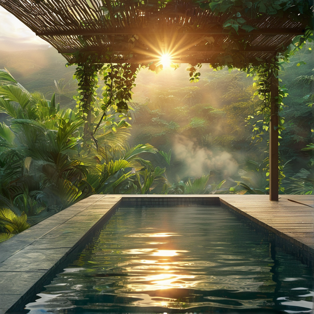 A rectangular pool reflects golden sunlight filtering through a wooden trellis above a misty forest valley.
