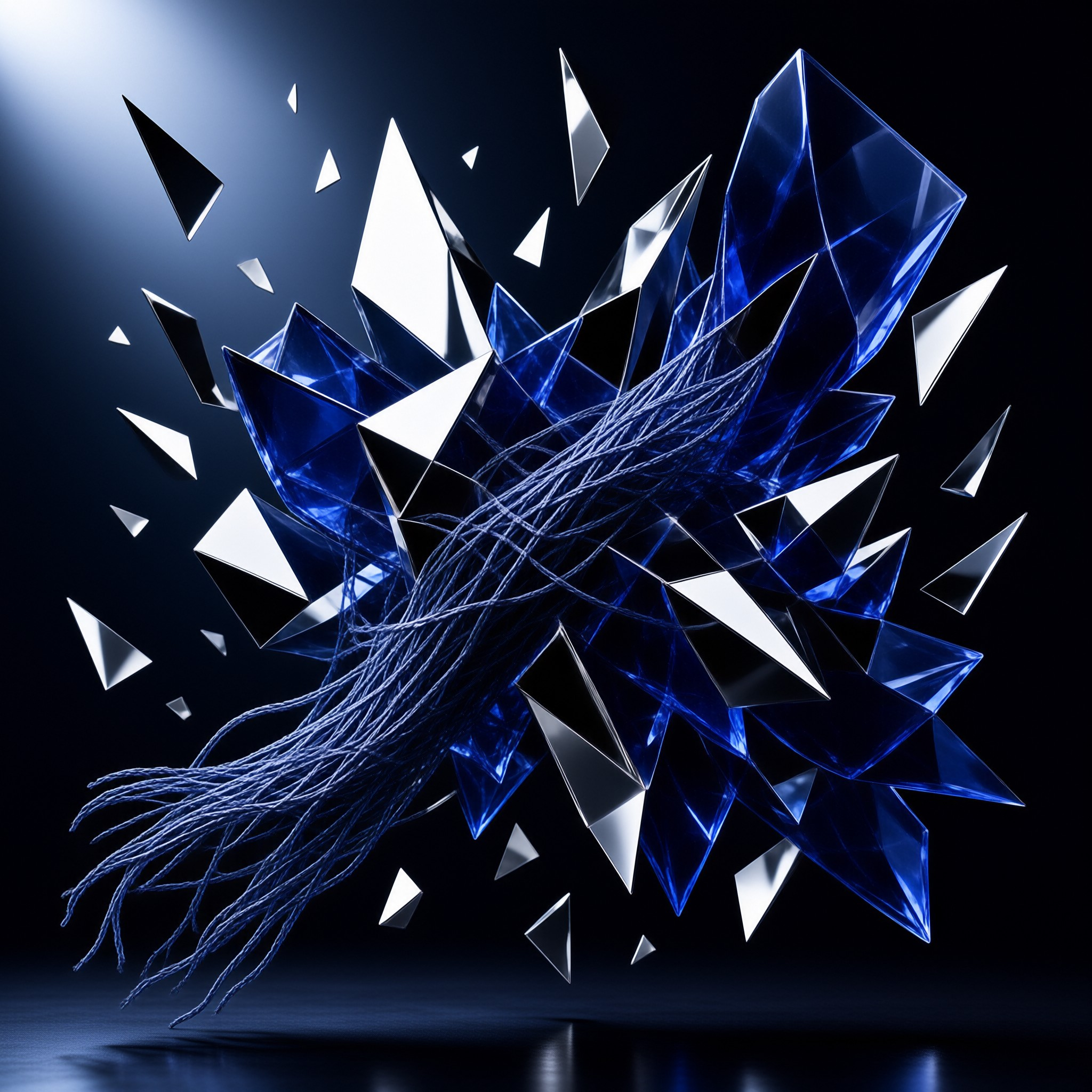 Sharp blue glass shards explode outward while a bundle of fibers emerges from the center in the dark.