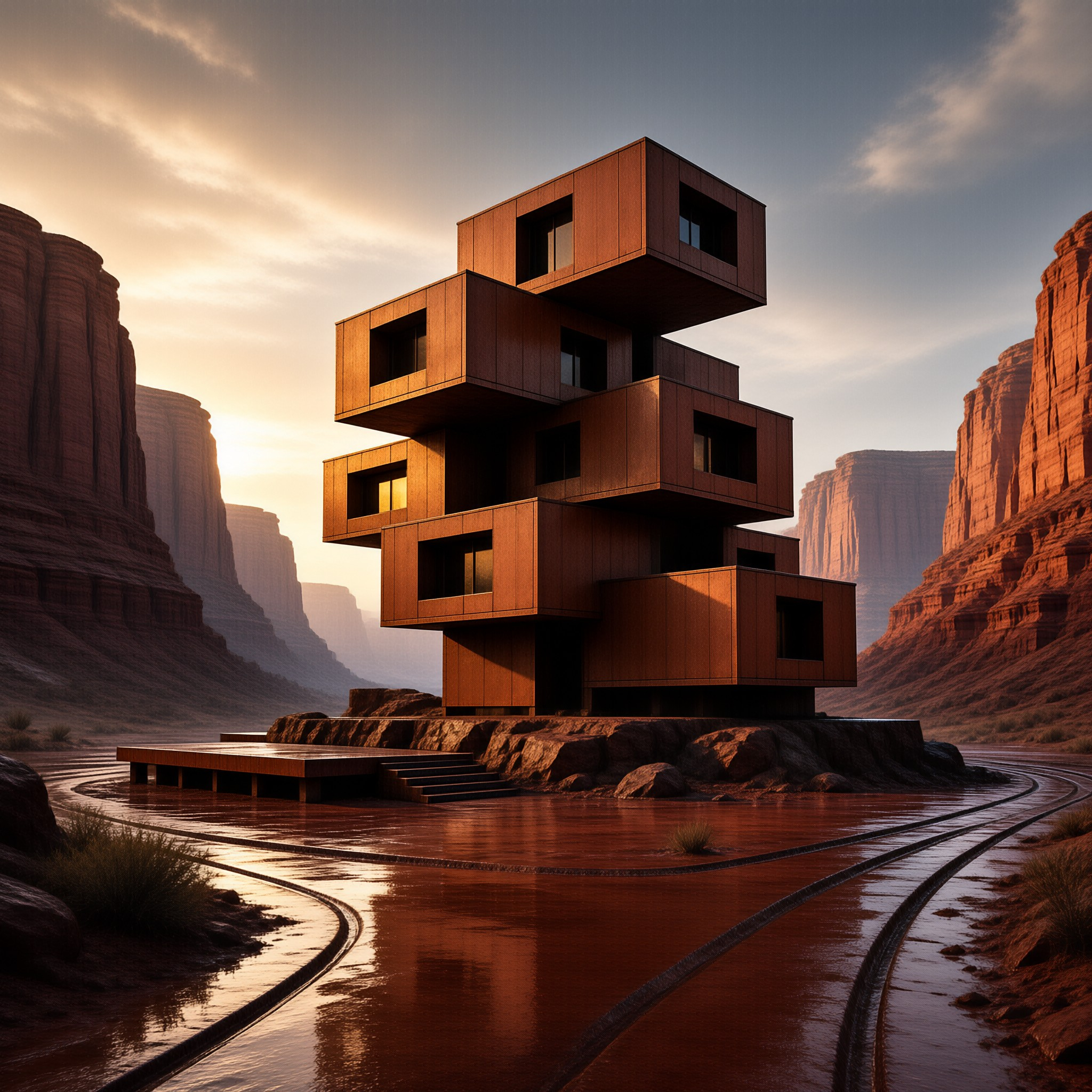 A modular building of offset rust colored cubes stands among red rock canyon walls glowing in warm sunset light.