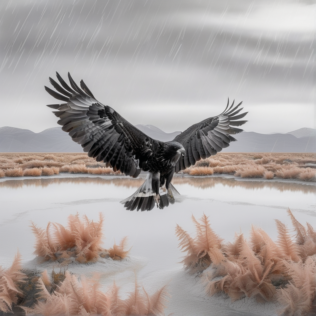 A large dark eagle flies low over a calm body of water with pink grasses while rain falls heavily against a grey sky.