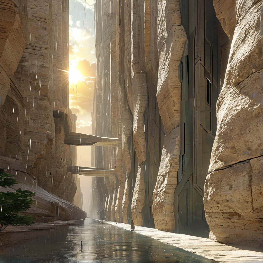 Narrow street between rock faces with skybridges and sunlight filtering through rain streaks on wet pavement.