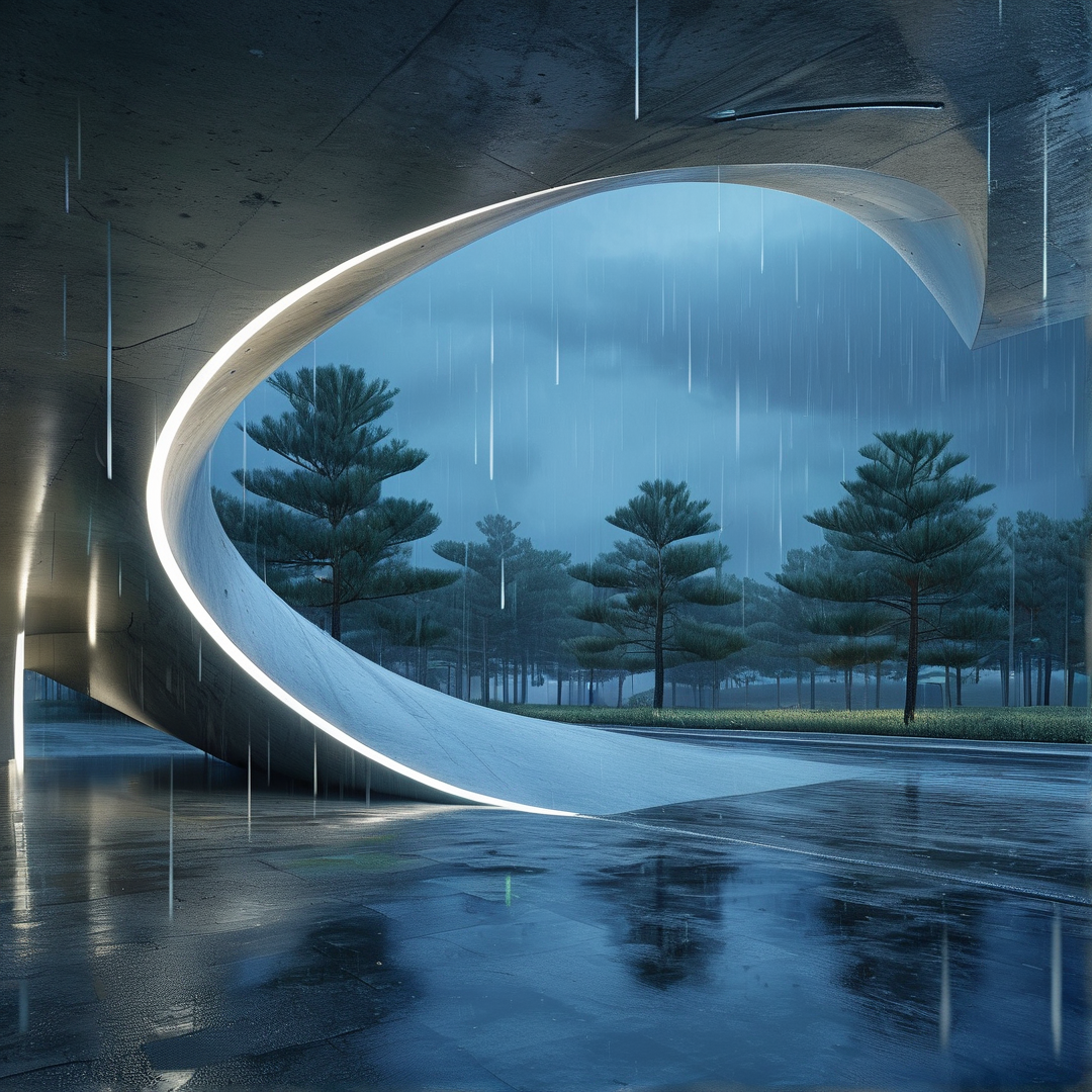 Curved concrete structure with a glowing strip frames rain falling over a pine grove under cool blue overcast skies.