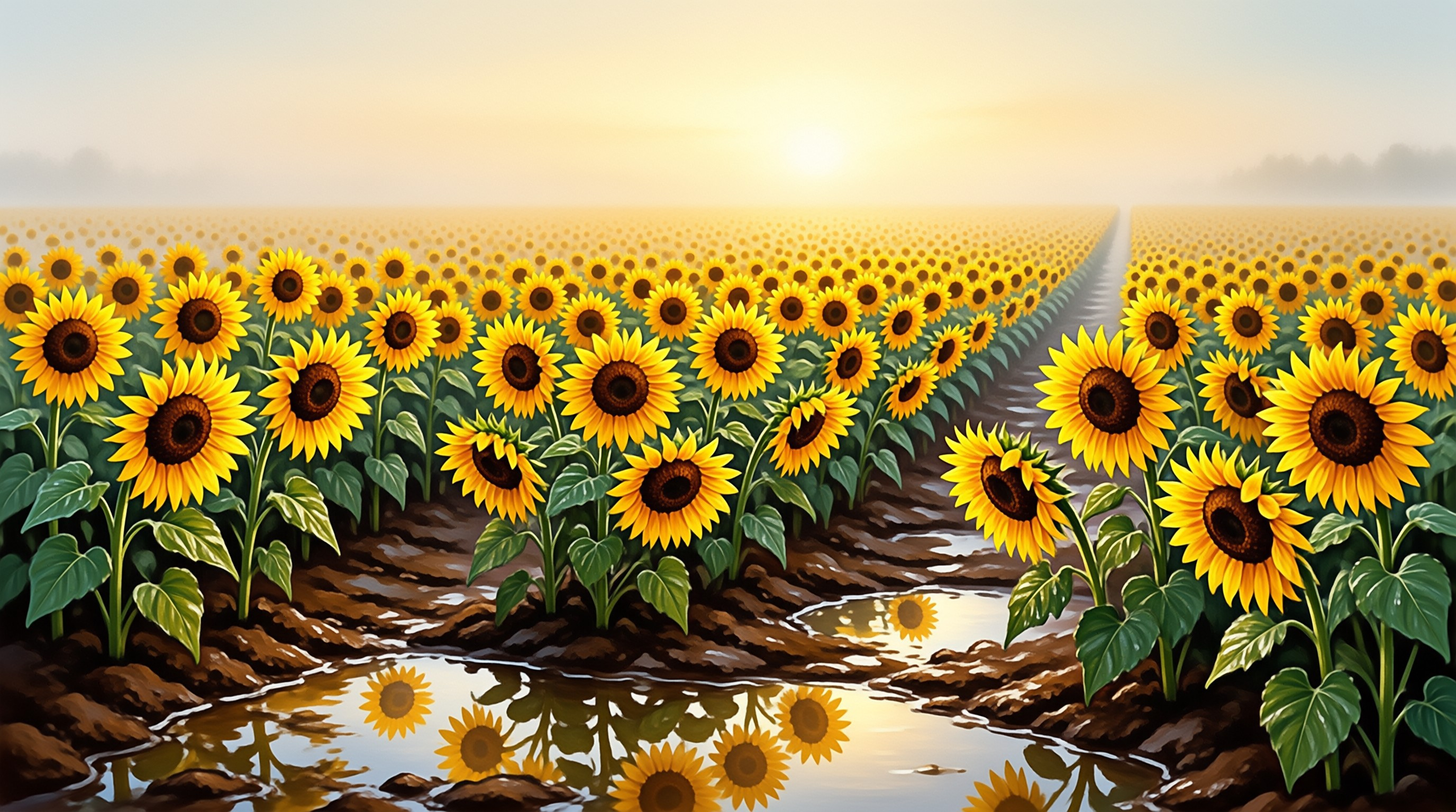 An expansive field of bright sunflowers stands beside a muddy puddle reflecting the warm evening sky.