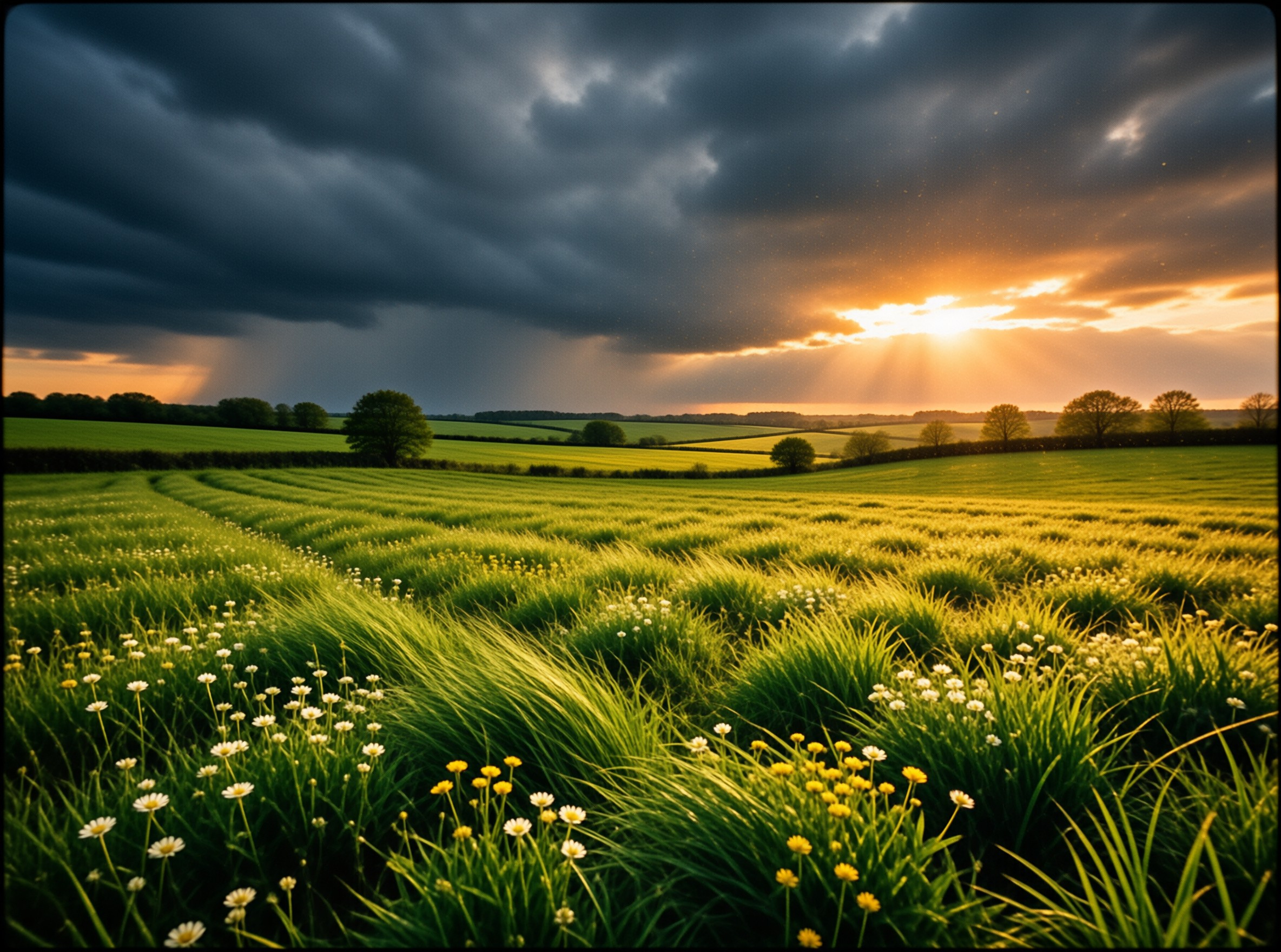 A vast green agricultural landscape stretches toward the horizon where brilliant golden sunlight bursts through heavy dark storm clouds, illuminating rows of crops and wildflowers in the foreground.