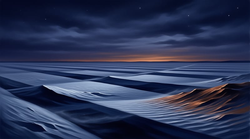 Wind shaped desert dunes stretch to the horizon, touched by faint warm sunset glow against a star filled dark night sky.