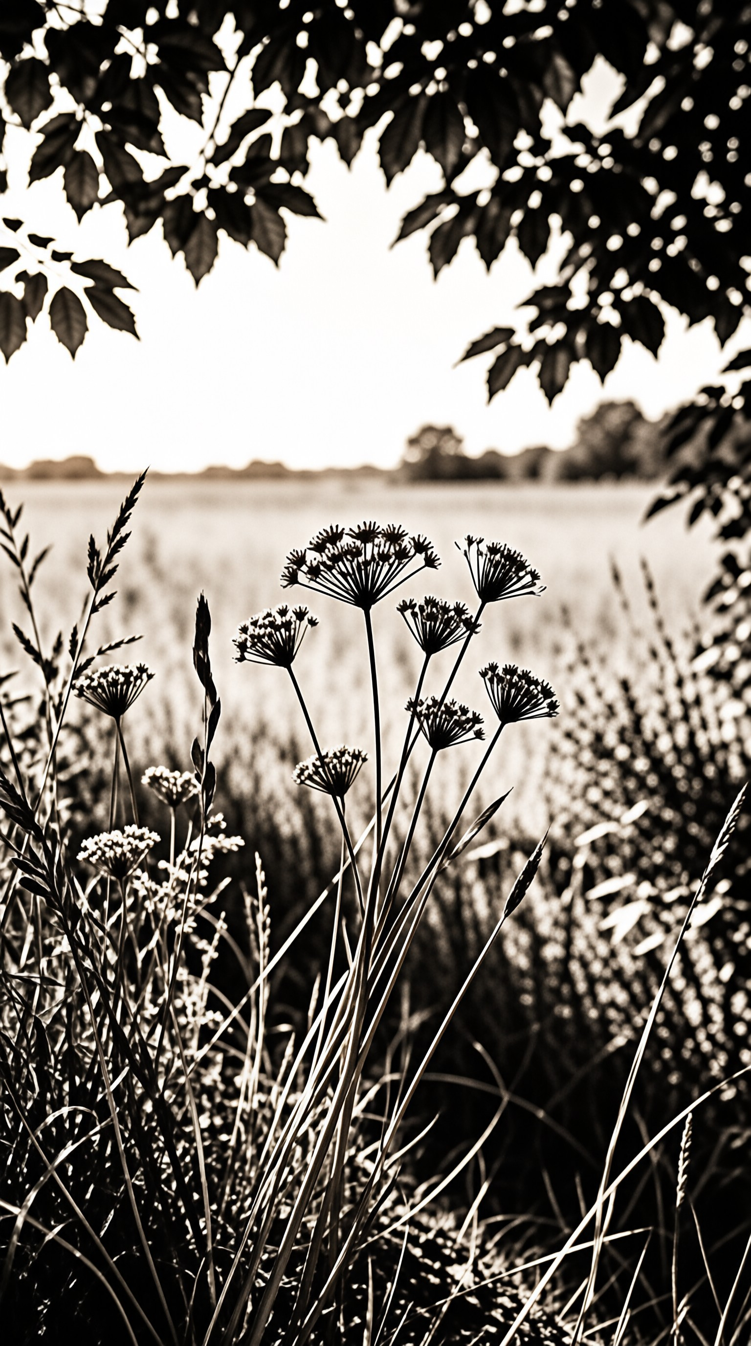 Tall wildflowers and grasses stand in a meadow near a blurred lake framed by overhanging dark leaves.