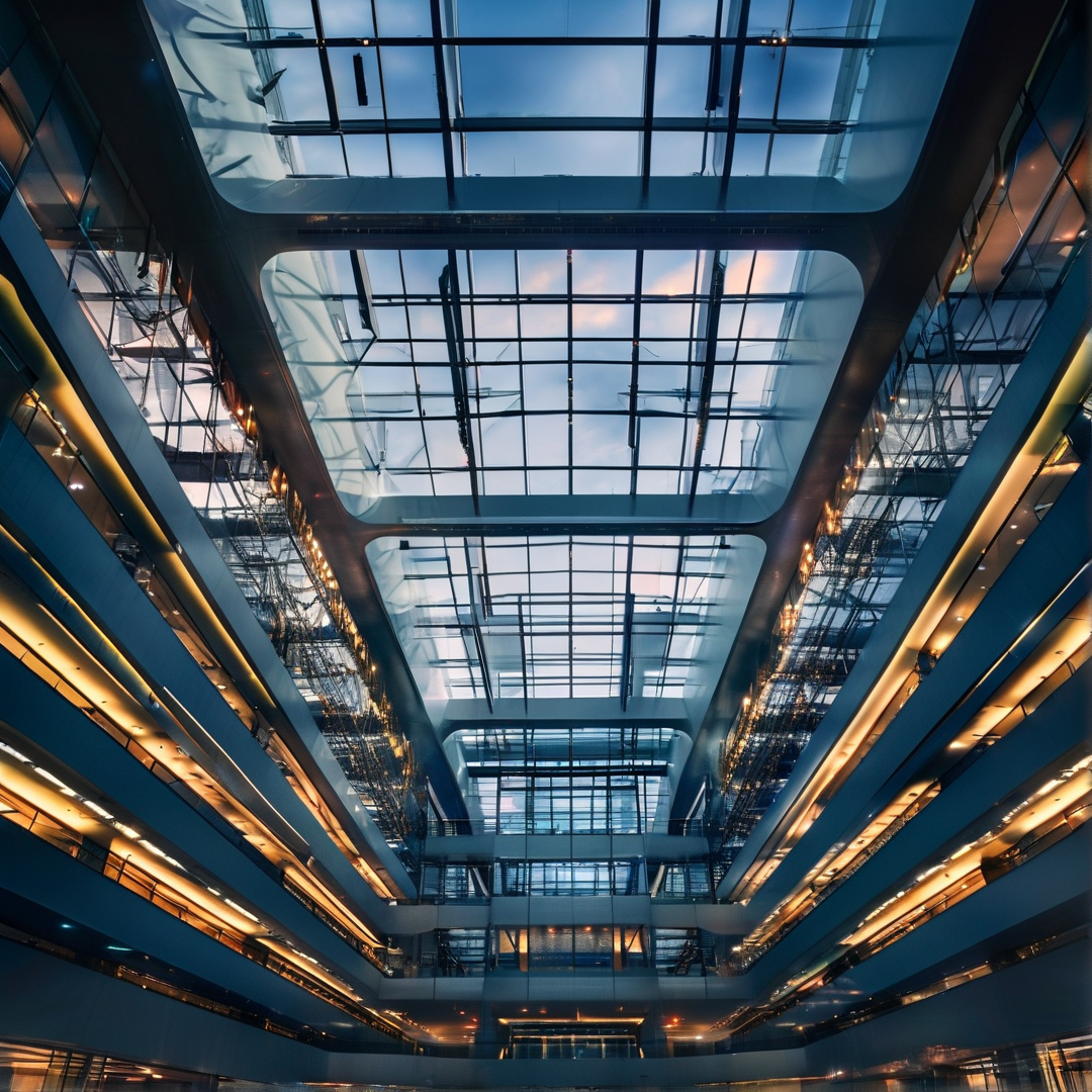 Looking up into a multi-story building interior with warm lit walkways framing a large grid-like glass roof.
