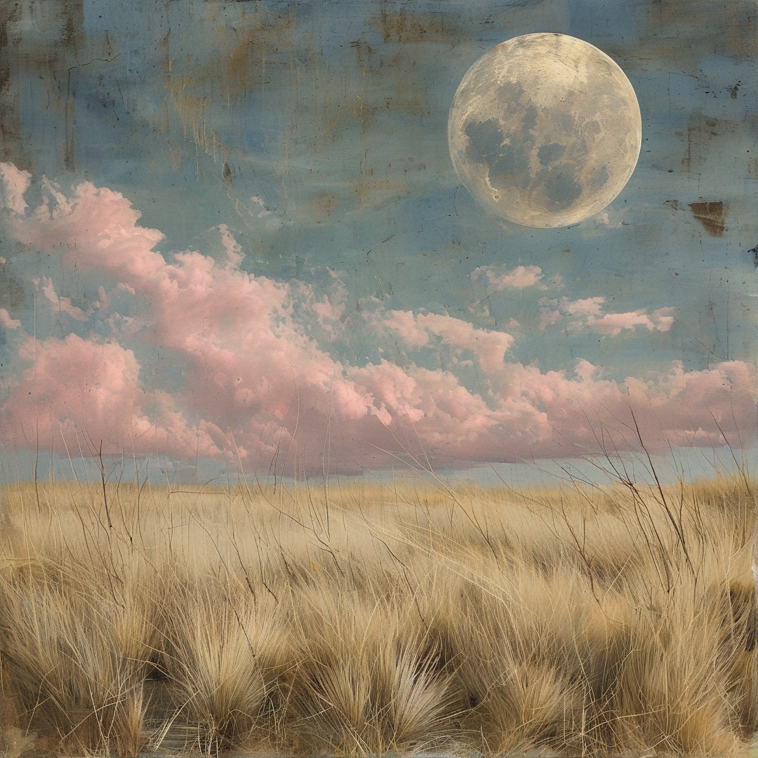 A bright lunar orb hangs in a blue sky scattered with rose colored clouds above a landscape of golden vegetation.