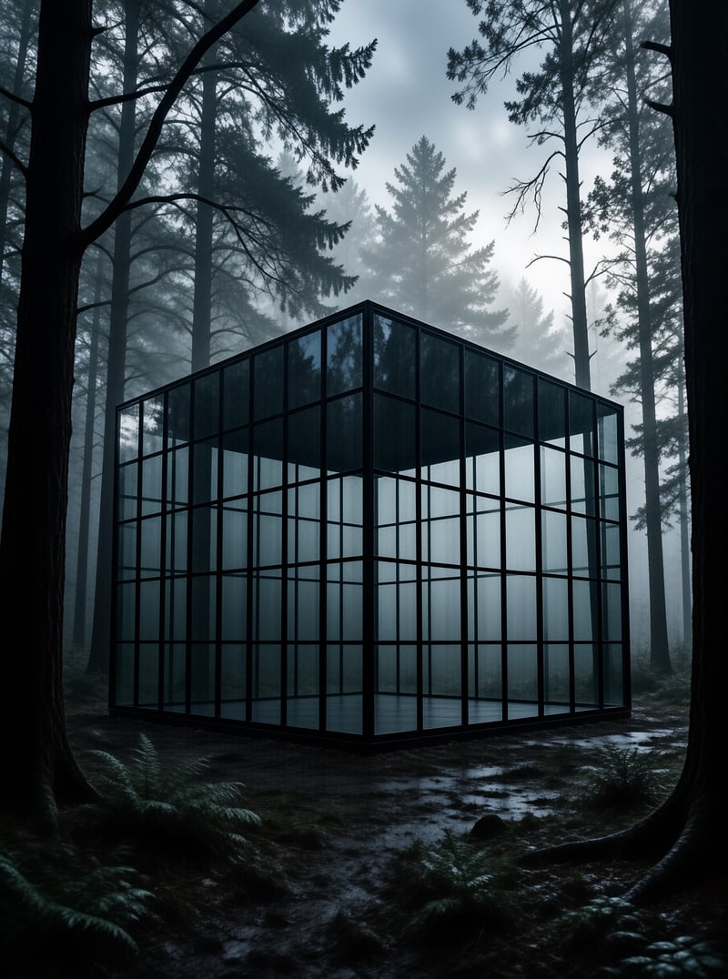 A large transparent glass cube stands alone in a foggy forest surrounded by tall dark trees.