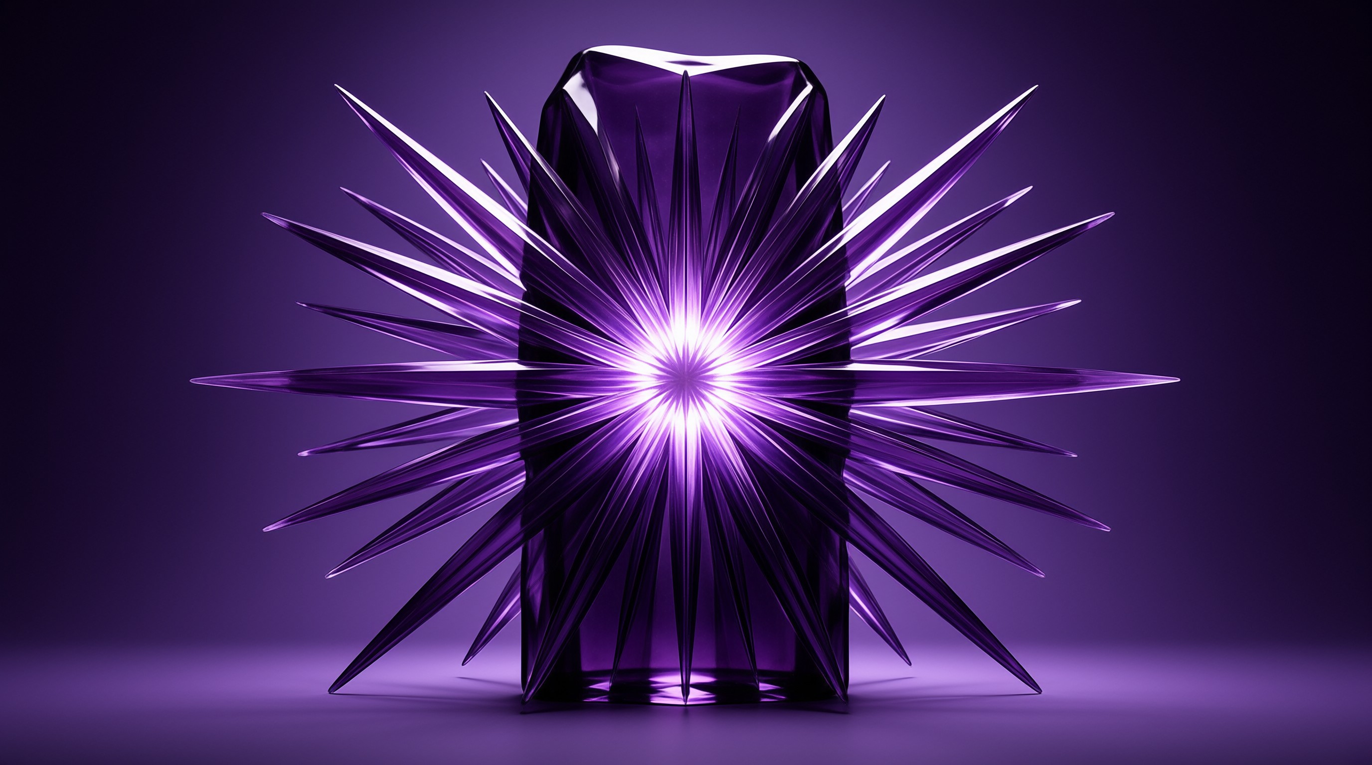 A dark purple crystal column radiates intense light from its core, with sharp spikes extending outward into the dark space.