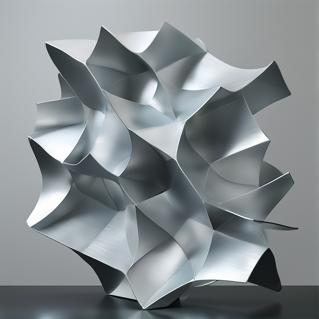 Abstract silver sculpture composed of folded metal sheets standing on a dark reflective surface with soft lighting.