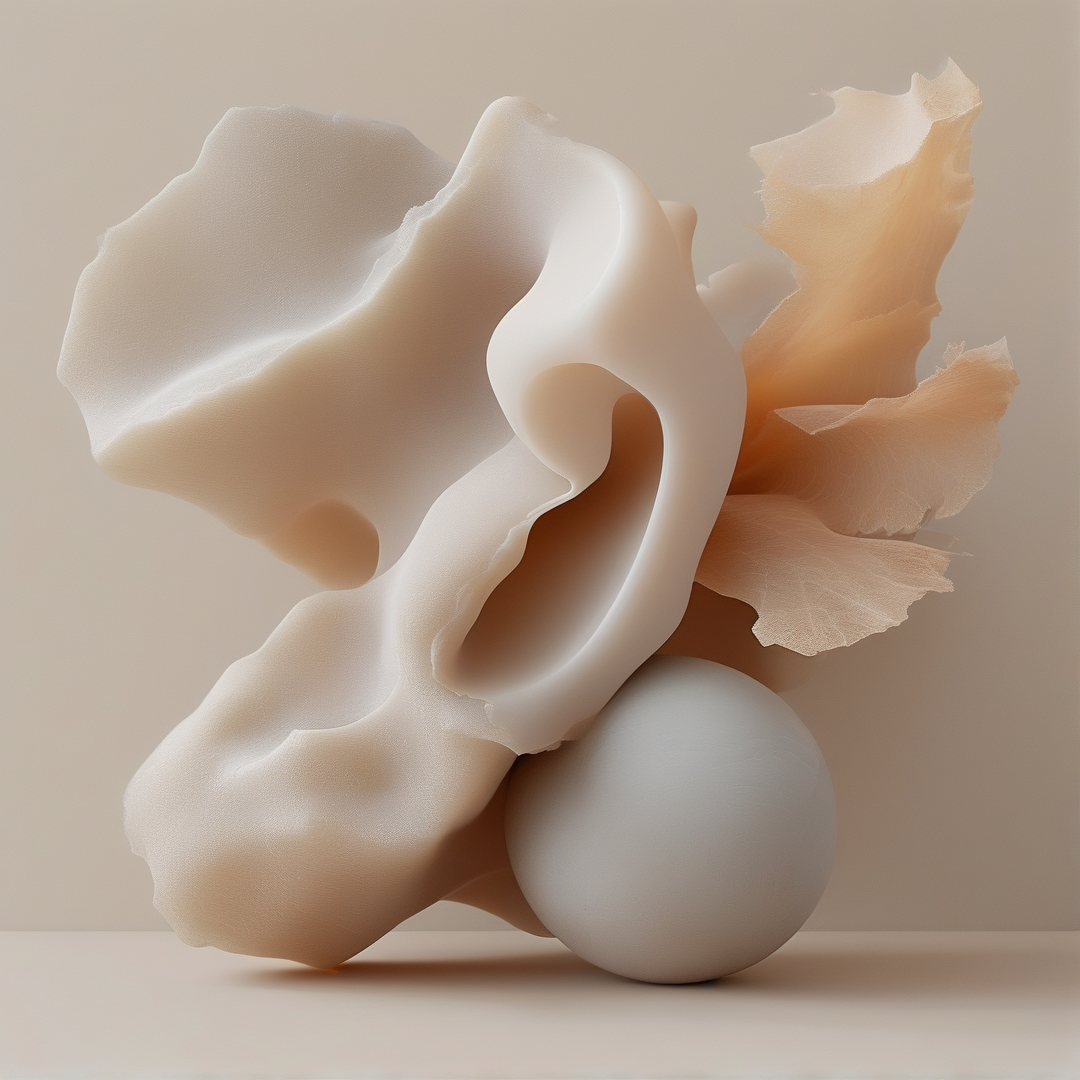 A smooth white sphere anchors a composition of flowing, cream-colored abstract shapes with soft lighting.