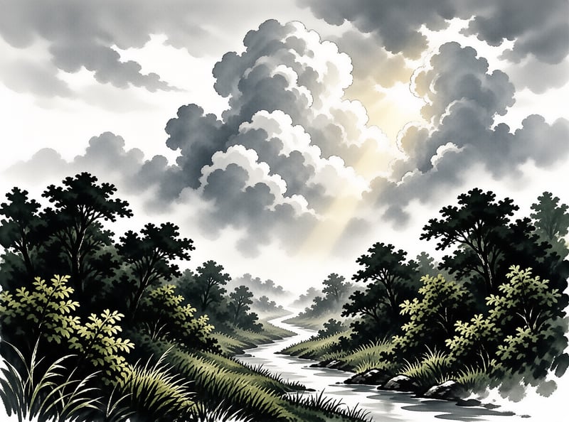 A slender stream curves through dark green trees while tall cumulus clouds part to let sunlight spill across the water.