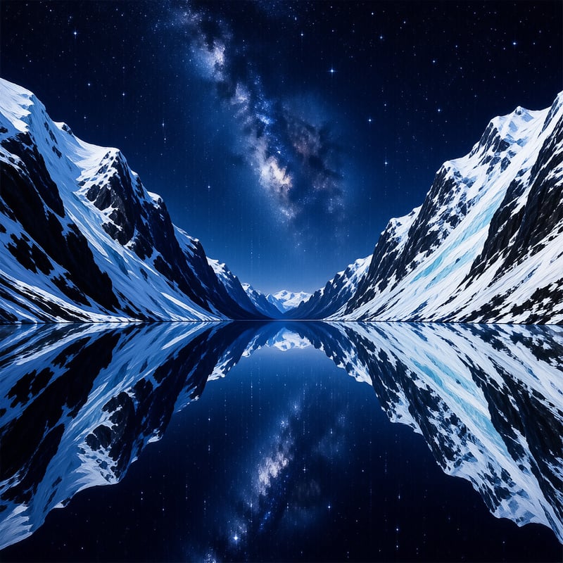Snowy mountain peaks flank a calm lake reflecting the Milky Way galaxy and stars across a deep blue night sky.