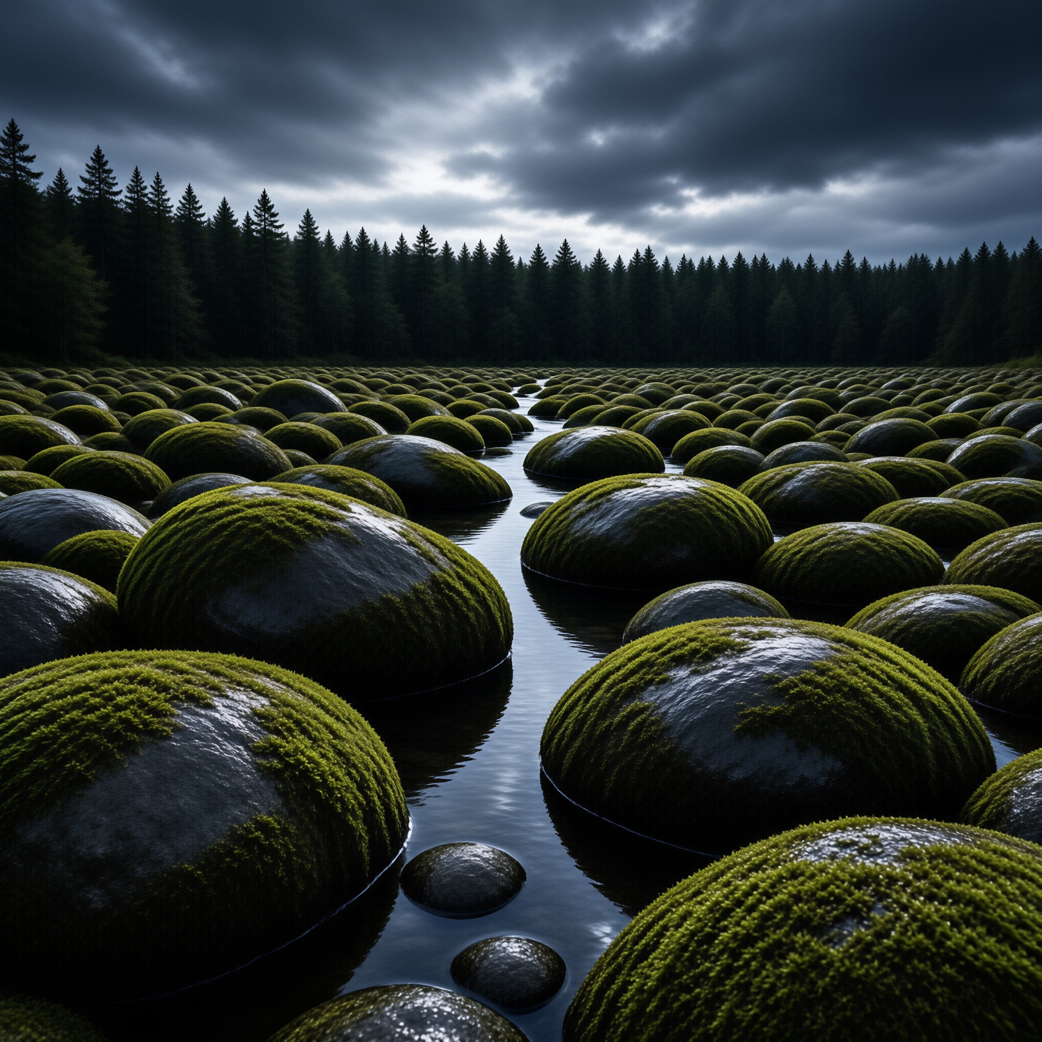 Mossy Rocks in Misty Forest